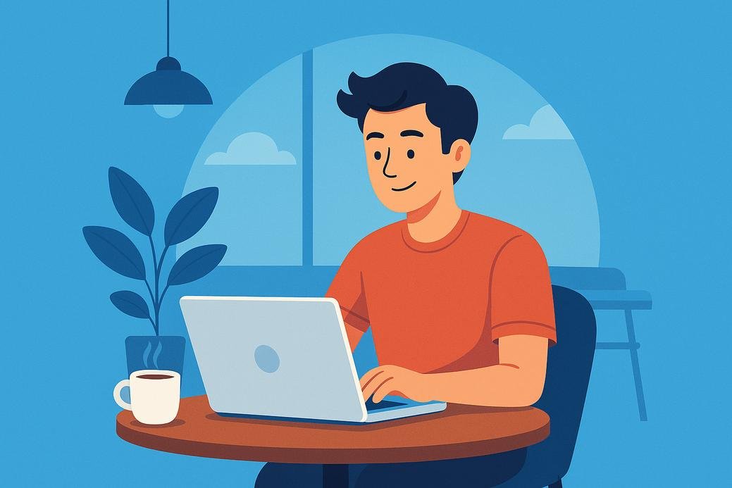 Freelancer bekerja dengan laptop di kafe, simbol kebebasan kerja freelance