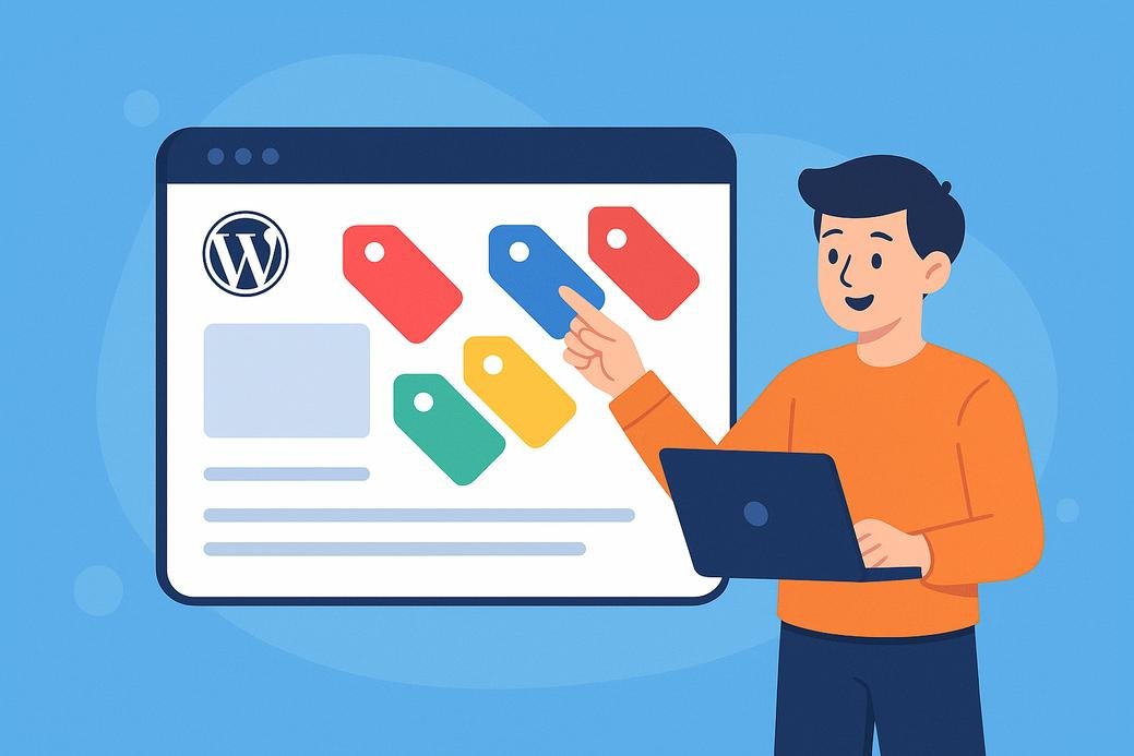 Ilustrasi apa itu tags pada artikel blog WordPress dengan label berwarna-warni