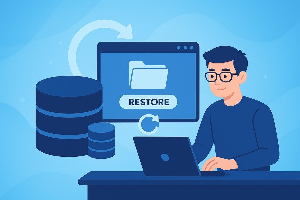 Ilustrasi proses restore database untuk mengembalikan data dari backup